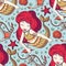 Seamless pattern with cute mermaids.