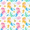 Seamless pattern with cute mermaids. Undersea vector background