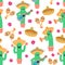 Seamless pattern with cute mexican cactus playing on guitar and trumpet and dancing with maracas. Vector illustration