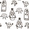 Seamless pattern with cute milk bottle character and cookies in black and white style.