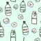 Seamless pattern with cute milk bottle character and cookies in black and white style.