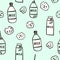 Seamless pattern with cute milk bottle character and cookies in black and white style. Creative childish mint background fo