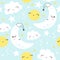 Seamless pattern with cute moon, stars and clouds. Kids background. Vector