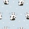 Seamless pattern with cute mother panda and baby on blue background.