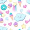 Seamless pattern with cute object. Cloud, star, rainbow, heart, icecream and diamond. Cartoon style vector