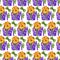Seamless pattern cute orange tiger sitting in a purple, gift box, childrens watercolor illustration.