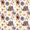 Seamless pattern with cute owls, birdhouses and colorful autumn leaves.