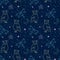 Seamless pattern, cute owls, moths, moon and stars on the blue night sky. Textile for children, cover