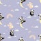 Seamless pattern with cute panda flies on balloons and playful teddy bear hangs on moon on purple background with clouds