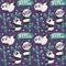 Seamless pattern with cute pandas, bamboo, leafs