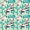 Seamless pattern with cute pandas, bamboo, leafs and hello