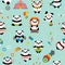 Seamless pattern with cute pandas: circus clowns, jugglers, a magician, acrobats