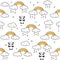 Seamless pattern with cute pandas, gold rainbows, funny clouds