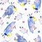 Seamless pattern with cute parrots and leaves