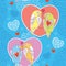 Seamless pattern with cute parrots in love and hearts on the blue striped background