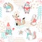 Seamless pattern with cute penguin,snowman, Fox,unicorn, squirrel and rabbit. Hand Drawn illustration. Background with cart