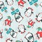 Seamless pattern with cute penguins holding gift-boxes and candy cane on textured Christmas tree