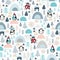 Seamless pattern with cute penguins in north pole