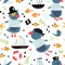 Seamless pattern with cute penguins pirates