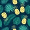 Seamless pattern with cute pineapples and tropical leaves.