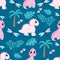 Seamless pattern with a cute pink dinosaur, leaves