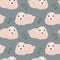 Seamless pattern, cute pink rabbits and twigs on a gray background. Print, textile, holiday decor
