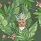 Seamless pattern with cute pitbul dog in a feather headdress closely watching from the undergrowth tropical leaves