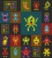 Seamless pattern with cute pixel monsters from the space.