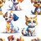 Seamless pattern with cute puppies and a kitten on a white background.