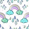 Seamless pattern Cute Rainbow Clouds Sun Raining drops Pastel Spring Vector Illustration