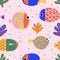 Seamless pattern with cute reef fishes, puffer fishes, corals. Funny multicolor background, marine texture. Vector.