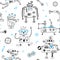 Seamless pattern with cute Robots and Robotics. Vector illustration