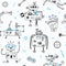 Seamless pattern with cute Robots and Robotics. Vector illustration