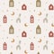 Seamless pattern with cute scandinavian houses, moon and stars.