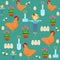 Seamless pattern cute scarecrow, planter with flowers tulips, bee, chicken, tray with eggs, spatula and rake.