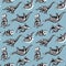 Seamless pattern with cute scary silhouettes of dinosaurs with a skeleton. Halloween Holidays blue background