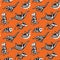 Seamless pattern with cute scary silhouettes of dinosaurs with a skeleton. Halloween Holidays orange background