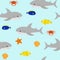 Seamless pattern cute shark and sea elements crab seashell fish starfish vector illustration