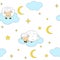 Seamless pattern cute sheep sleeps stars clouds moon moon vector illustration