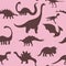 Seamless pattern with cute silhouette dinosaurs.Jurassic,mesozoic reptiles,footprint.Various dino characters.