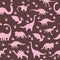 Seamless pattern with cute silhouette dinosaurs.Jurassic,mesozoic reptiles,footprint.Various dino characters.