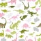 Seamless pattern with cute silhouettes baby dinosaurs. Jurassic,mesozoic reptiles with different prints.
