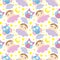 Seamless pattern with cute sleeping owls, baby, moon, stars and clouds. Sweet dreams background. Vector illustration