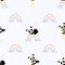 Seamless pattern. Cute sleeping panda on rainbow and playful bear cub on moon on blue background with clouds and stars