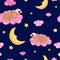 Seamless pattern with cute sleeping teddy bear, clouds, stars and moon.
