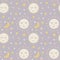 Seamless pattern of cute sleepy moons and stars on a soft lavender background