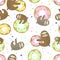 Seamless pattern. Cute sloth with sweet doughnuts. Sweet tooth. Vector