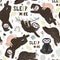 Seamless pattern with cute sloths. Background with funny sloths, leaves, brunch