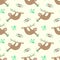 Seamless pattern of cute sloths with coffee. Hand-drawn illustration of sloth for kids, tropical summer, textile, print, cover,