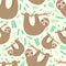 Seamless pattern of cute sloths and leaves. Hand-drawn illustration of sloth for children, tropical summer, textile, print, cover